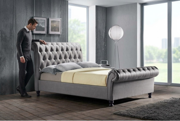 Grijze Chesterfield dubbel leren bed slaapkamer gestoffeerd ontwerper luxe bed