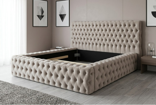 Elegant Chesterfield Design Engels tweepersoonsbed in beige - Bedden met tijdloze stijl.