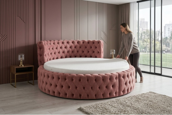 Rond fluwelen bed Chesterfield luxe bekleding Ronde bedden textiel stof hotel Nieuw