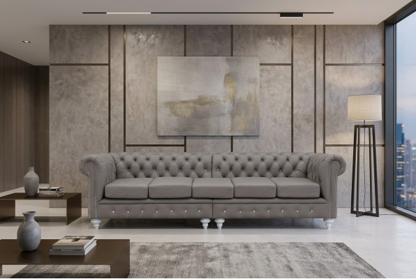 Chesterfield Bank Bank Bekleding Stof Leren Bankstel 5-zits.