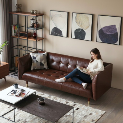 Bruine Chesterfield Luxe 3-zits Leren Woonkamerbank