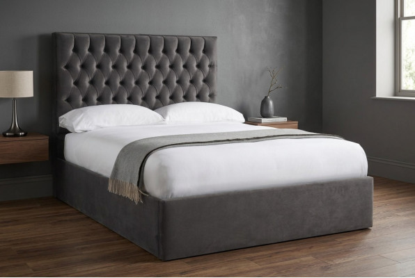 Chesterfield Grijs Luxe Fluweel Textiel Bed Dubbel Design 180x200cm Bedden Nieuw