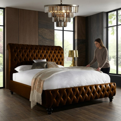 Ontwerper bruin Chesterfield gestoffeerd bed Luxe slaapkamer tweepersoonsbed