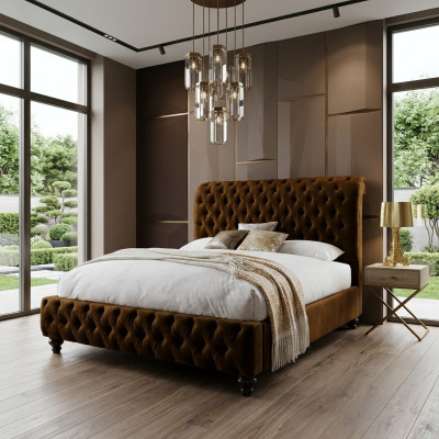 Ontwerper bruin Chesterfield gestoffeerd bed Luxe slaapkamer tweepersoonsbed