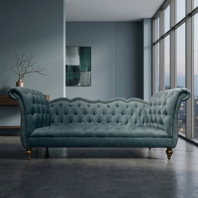 Engelse luxe Chesterfield-bank, kleurrijke textielbank turquoise, blauwe, groene banken.