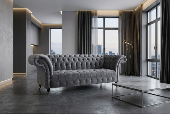 Moderne grijze Chesterfield 3-zitsbank Stijlvolle woonkamer 3-zitsbank