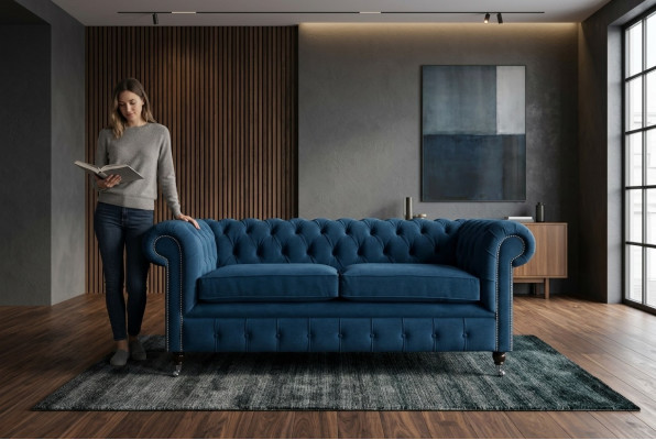 Blauwe luxe gestoffeerde Chesterfield driepersoonsdesignerbank