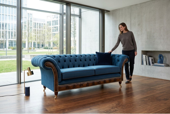 Blauwe Chesterfield stoffen bank banken bank bank bank bank stoffen zitten banken bekleding textiel nieuw.