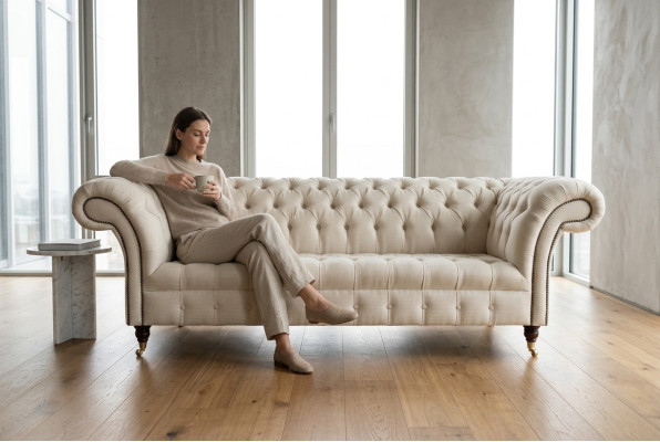Moderne beige Chesterfield bankstel voor 3 personen voor in de woonkamer