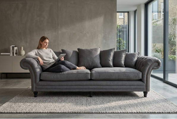 Klassieke Chesterfield bankstel 4-zitsbank Bank Velours Leder Design Grijs 265cm