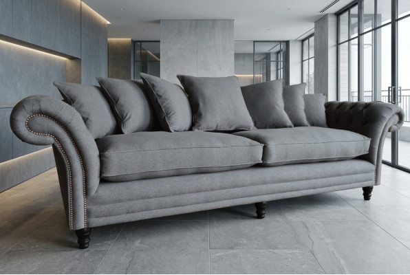 Klassieke Chesterfield bankstel 4-zitsbank Bank Velours Leder Design Grijs 265cm