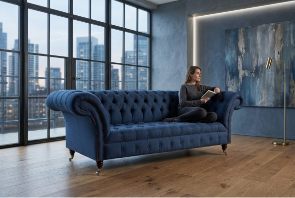 Blauwe textiel Chesterfield 4-zits designbank met stoffering
