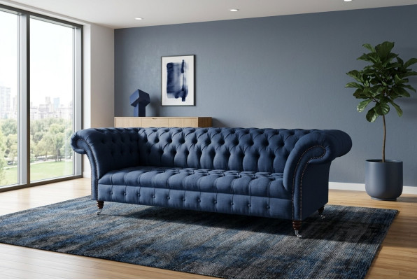 Blauwe textiel Chesterfield 4-zits designbank met stoffering