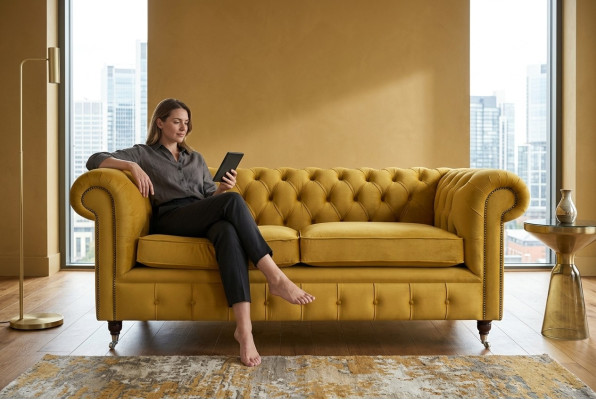 Gele Chesterfield tweezits designer woonkamer 2-zits bank.