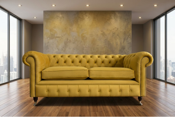 Gele Chesterfield tweezits designer woonkamer 2-zits bank.