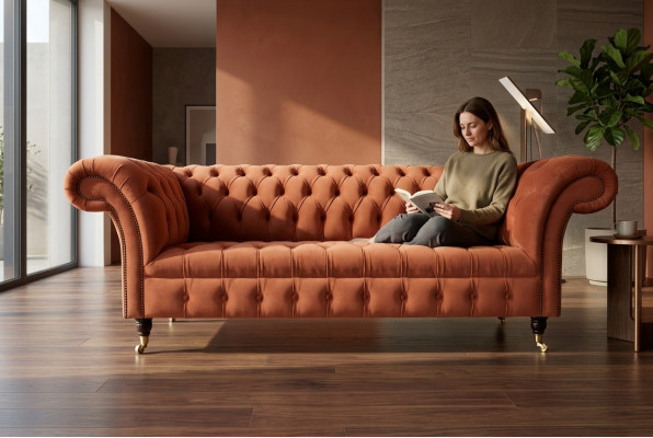 Luxe oranje Chesterfield 3-zits designer woonkamerbank