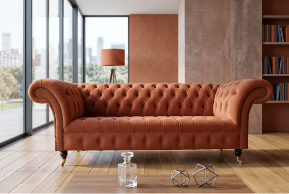 Luxe oranje Chesterfield 3-zits designer woonkamerbank
