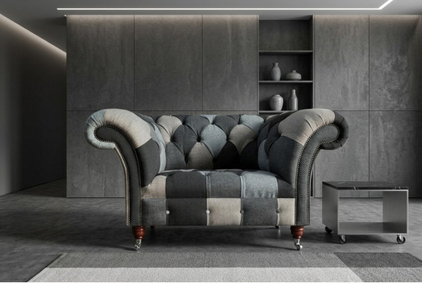 Grijze-blauwe Chesterfield fauteuil, luxe eenzitter designmeubel