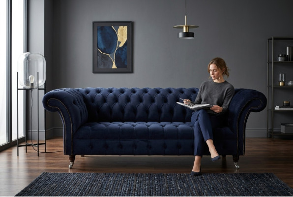 Donkerblauwe Chesterfield driezits Moderne woonkamer luxe bank