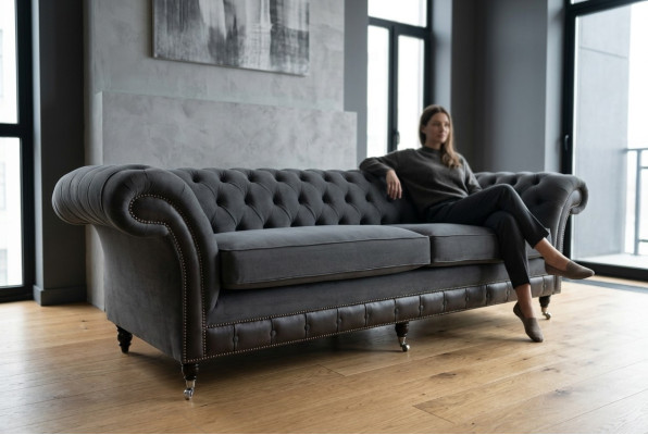 Klassieke Chesterfield bank 4-zitsbank bank Velours Lederen design Zwart Nieuw