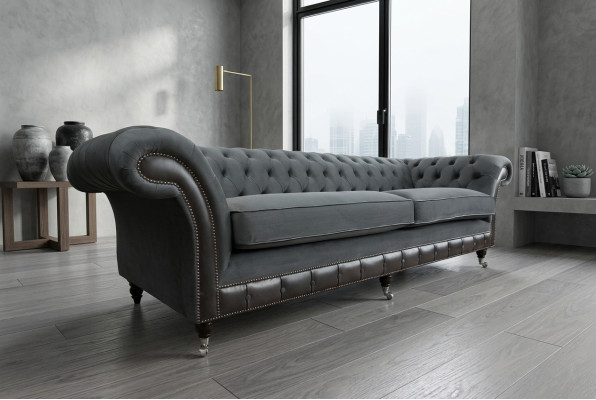 Klassieke Chesterfield bank 4-zitsbank bank Velours Lederen design Zwart Nieuw