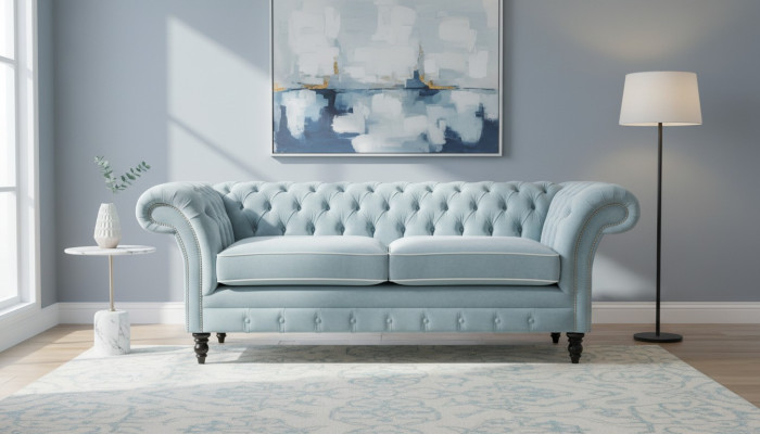 Hemelsblauwe moderne Chesterfield driezits luxe bankstel voor de woonkamer.