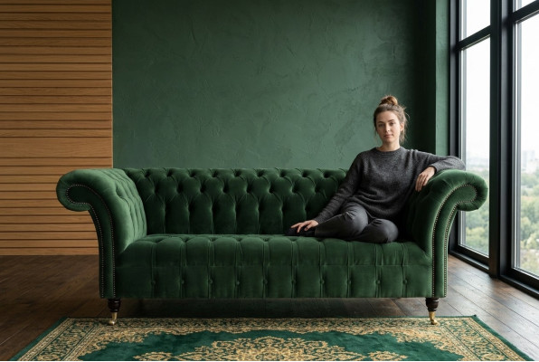 Klassiek Chesterfield Design Bankstel 3-zits Bank Bankstel Fluweel Leder groot groen nieuw