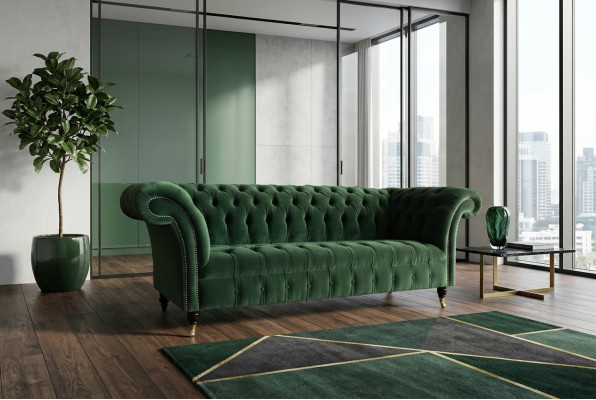 Klassiek Chesterfield Design Bankstel 3-zits Bank Bankstel Fluweel Leder groot groen nieuw