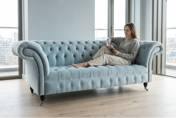 Chesterfield 3-zits gestoffeerde bank leren bank bankstellen textiel modern stijl blauw