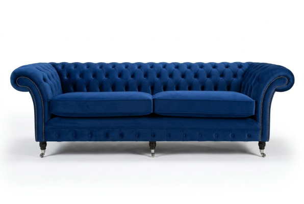 Klassieke Chesterfield bank 4-zits bank Sofa Fluweel Leer Blauw Design Bekleding