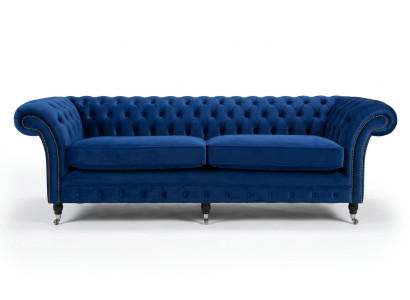 Klassieke Chesterfield bank 4-zits bank Sofa Fluweel Leer Blauw Design Bekleding