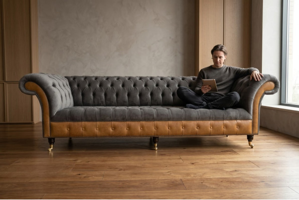 Grijsbruine Chesterfield bank ontwerper 4-zits luxe bankstellen