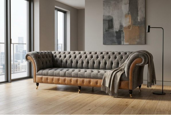 Grijsbruine Chesterfield bank ontwerper 4-zits luxe bankstellen