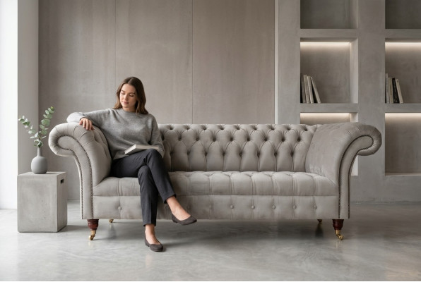 Stijlvolle lichte grijze Chesterfield driepersoons luxe woonkamerbank met 3 zitplaatsen.