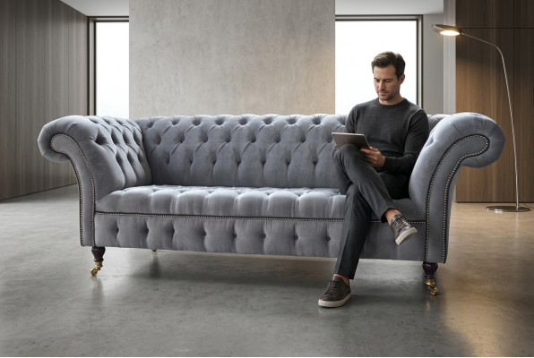 Stijlvolle grijze Chesterfield 3-zits luxe woonkamerbank