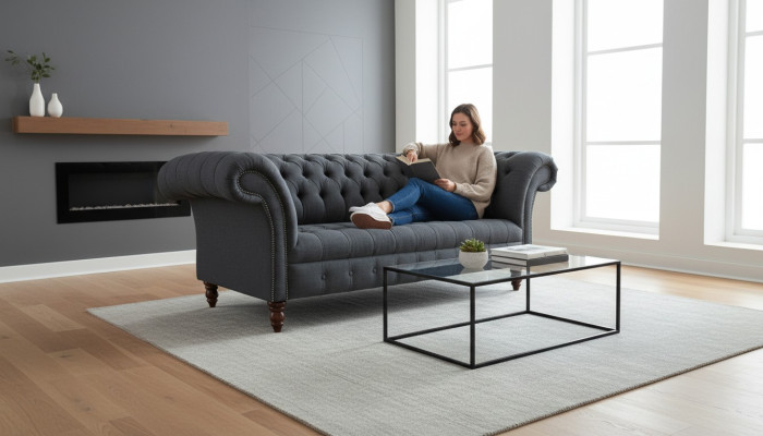 Grijze textielbank Grijze Chesterfield-driepersoons luxe woonkamerbank