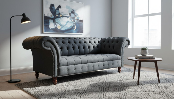 Grijze textielbank Grijze Chesterfield-driepersoons luxe woonkamerbank