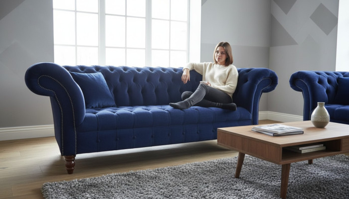 Blauw Chesterfield bank bankontwerp gestoffeerde banken stoffen textiel leer