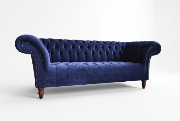 Blauw Chesterfield bank bankontwerp gestoffeerde banken stoffen textiel leer