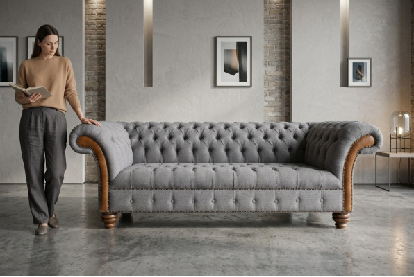 Edel grijs Chesterfield driezits luxe woonkamer 3-zitsbank.
