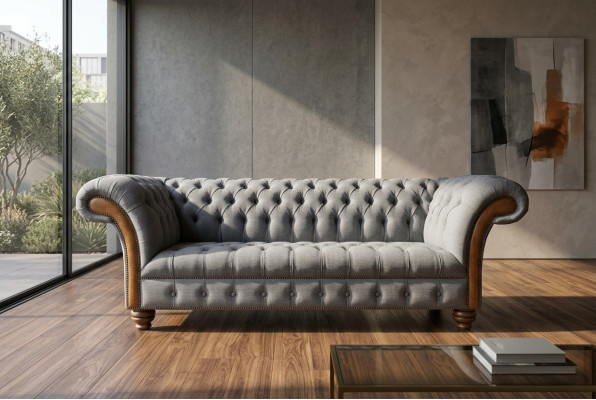 Edel grijs Chesterfield driezits luxe woonkamer 3-zitsbank.