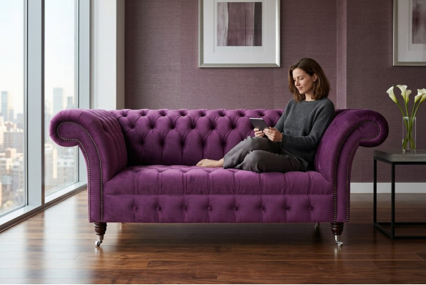 Chesterfield Design Luxe Gestoffeerde Sofa Bank Zitmeubel Leer Textiel Paars Nieuw