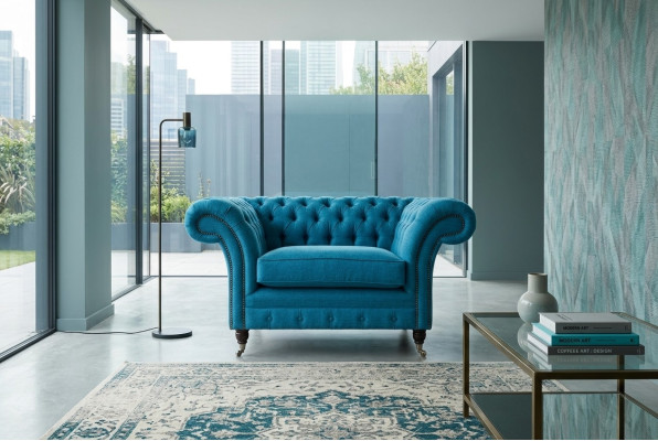 Blauwe Sofa Bank Bekleding Chesterfield Zitmeubilair Textiel Stof Leer Banken Nieuw