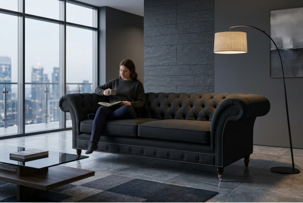 Zwarte Moderne Driepersoons Chesterfield Luxe 3-zitsbank
