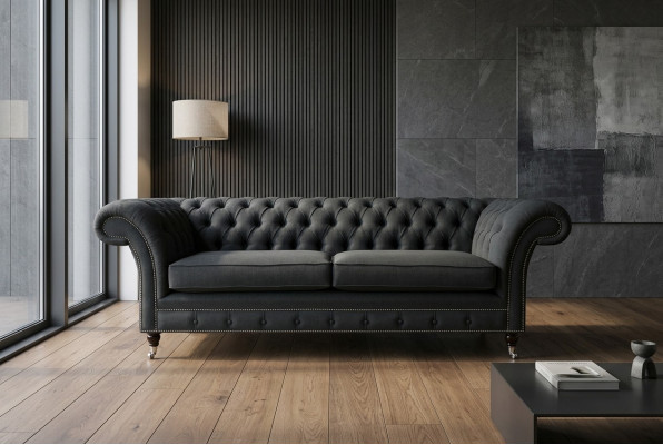 Zwarte Moderne Driepersoons Chesterfield Luxe 3-zitsbank
