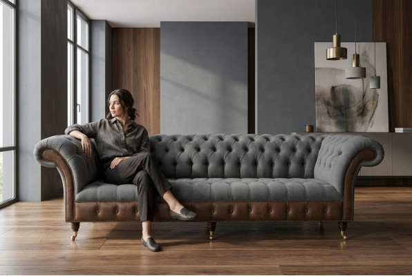 Ontwerp Chesterfield Sofa 4-zits Grijs Bank Kussen Leren Banken Woonkamer Nieuw