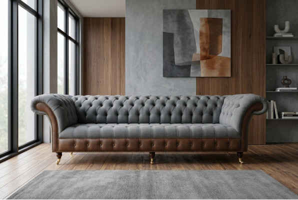 Ontwerp Chesterfield Sofa 4-zits Grijs Bank Kussen Leren Banken Woonkamer Nieuw