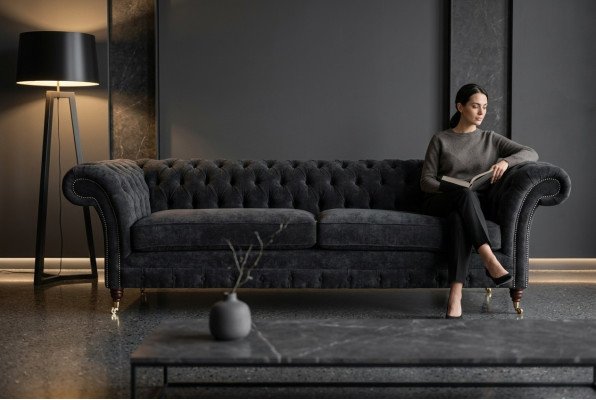 Hoogwaardige Chesterfield bank gestoffeerde vierzits textiel bank XXL stof.