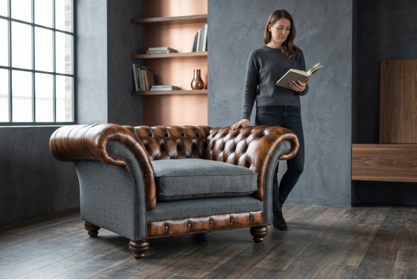 Chesterfield Design Stof Bank Fauteuil 1,5-zits Beklede Sofa's Lounge Nieuw Club