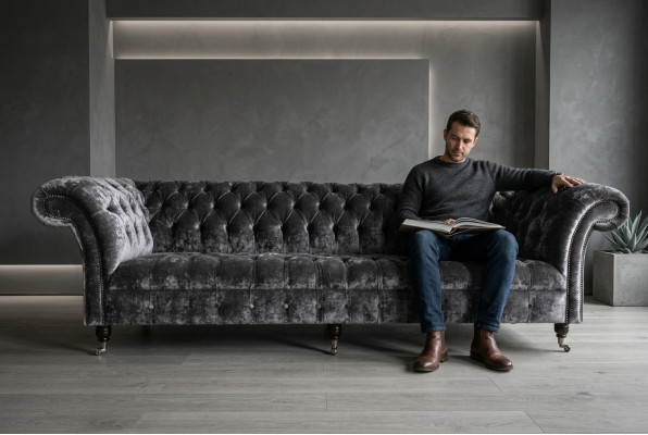 Ontwerper Chesterfield Grijze Luxe Bank Bank 4 Zits Stoffen Bank